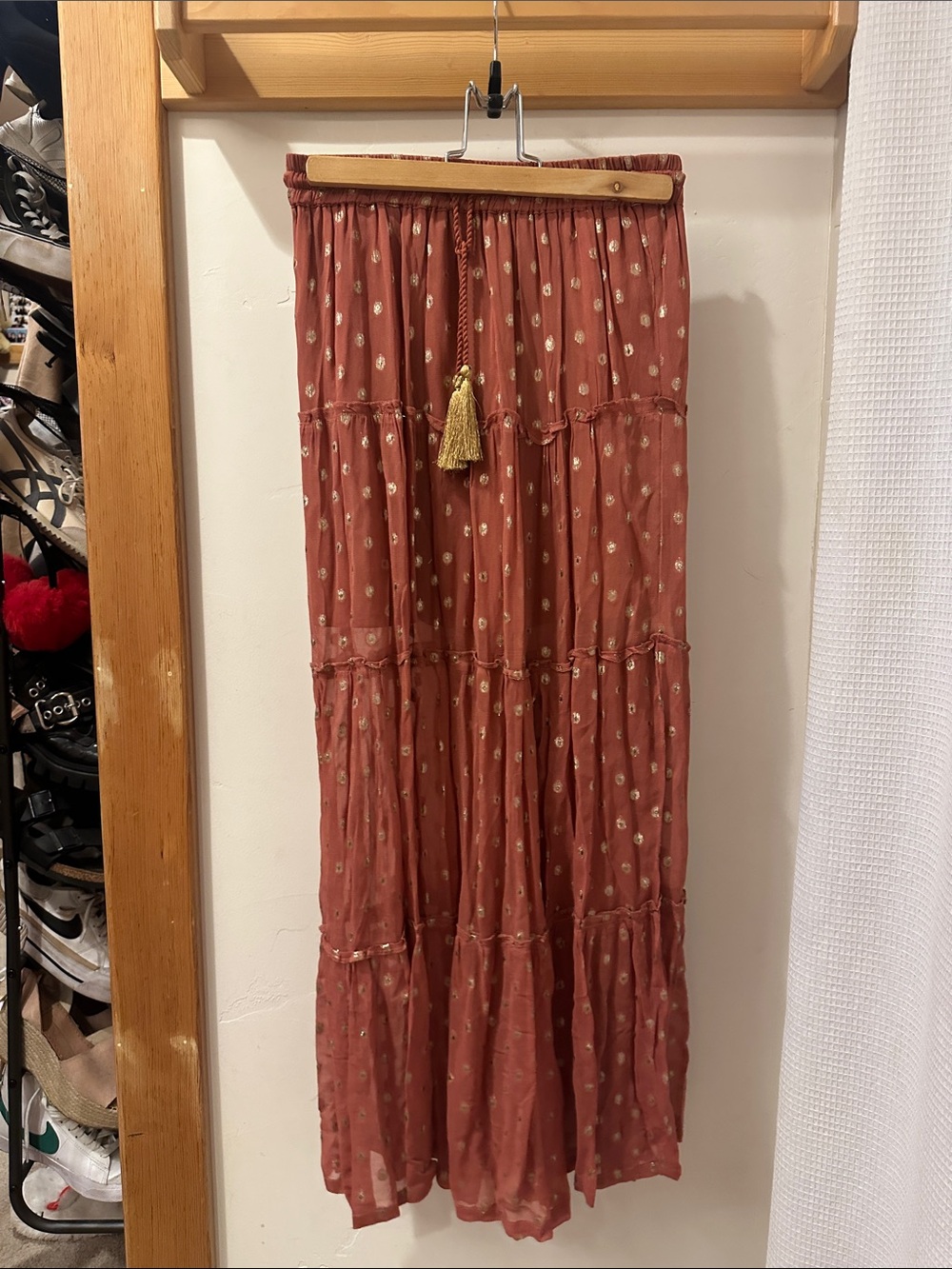 RAGA Dusty Rose Tiered Maxi Skirt with Gold Tassel
